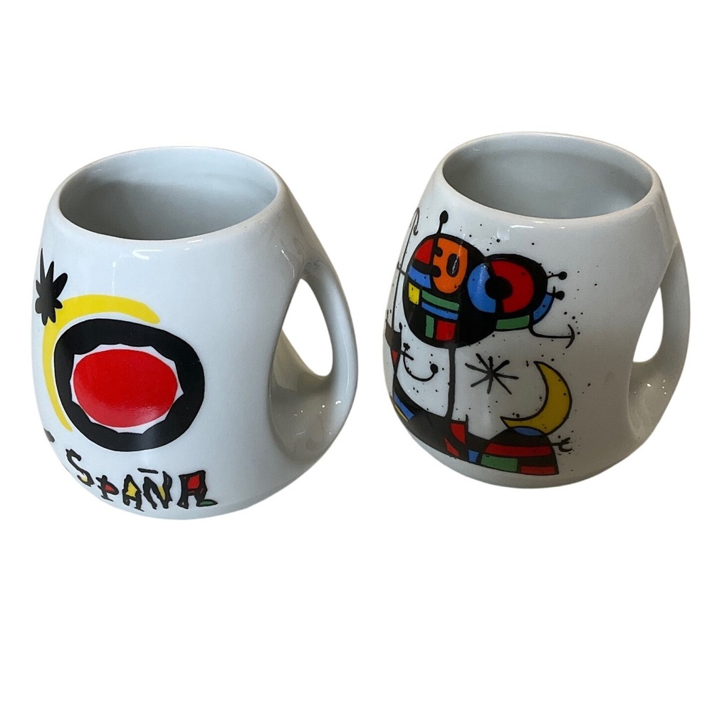 Vintage Joan Miro Coffee Mugs Pair 2 White Ceramic Cup Abstract 80s Spain MCM